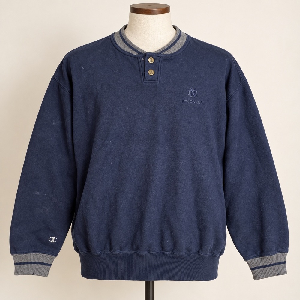 Vintage Champion Notre Dame Football Henley Sweatshirt Navy Blue XXL